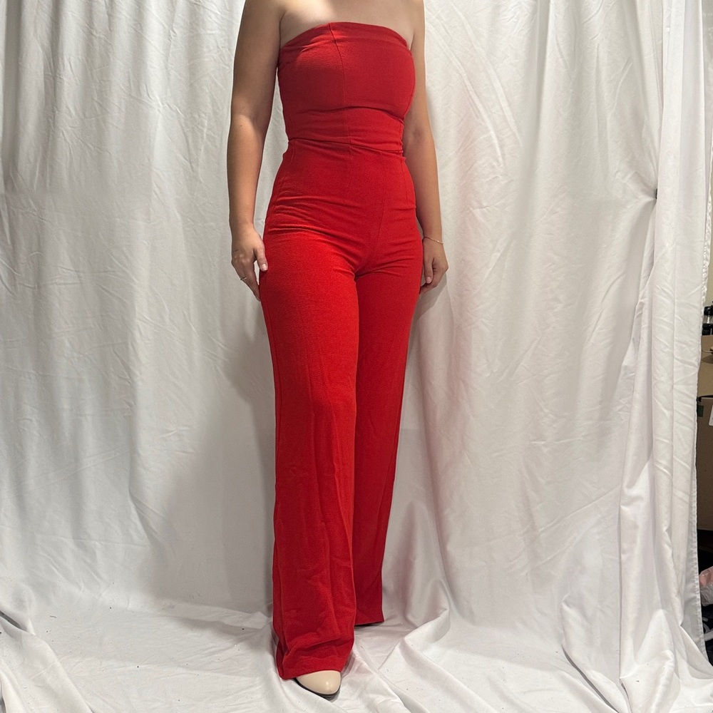 Target Red Strapless Wide-Leg Jumpsuit